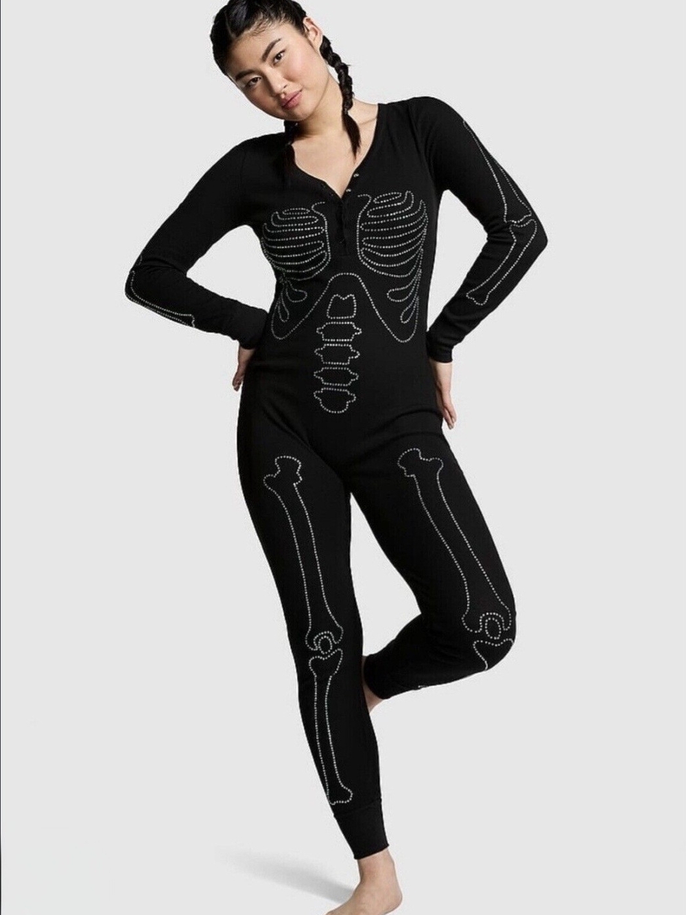 Victoria's Secret PINK Rhinestone Skeleton Thermal Onesie Pajamas Black Large
